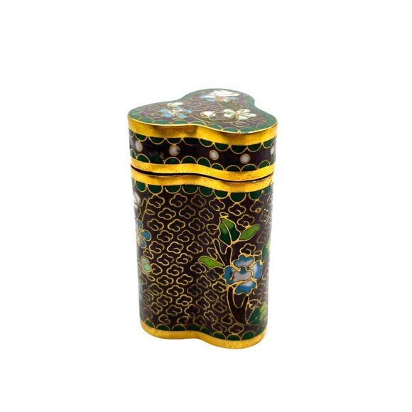 VTG Asian Cloisonné Enamel Trefoil Shape Curiosity Piece with Lid Floral Design - Picture 4 of 10